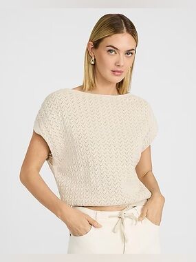 NWT Express Cotton Textured Open Stitch Boatneck Sweater Vest Warm Ivory Size M